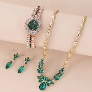 Emerald set sparkling rhinestone watch small and exquisite starry sky dial watch   earring necklace   chain 3pcs/set