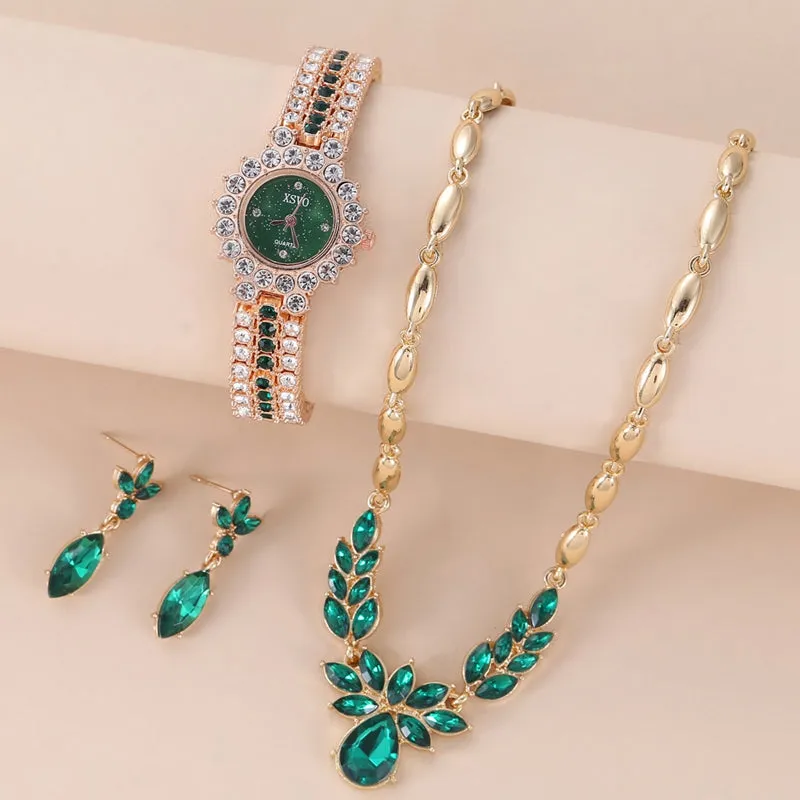 Emerald set sparkling rhinestone watch small and exquisite starry sky dial watch   earring necklace   chain 3pcs/set