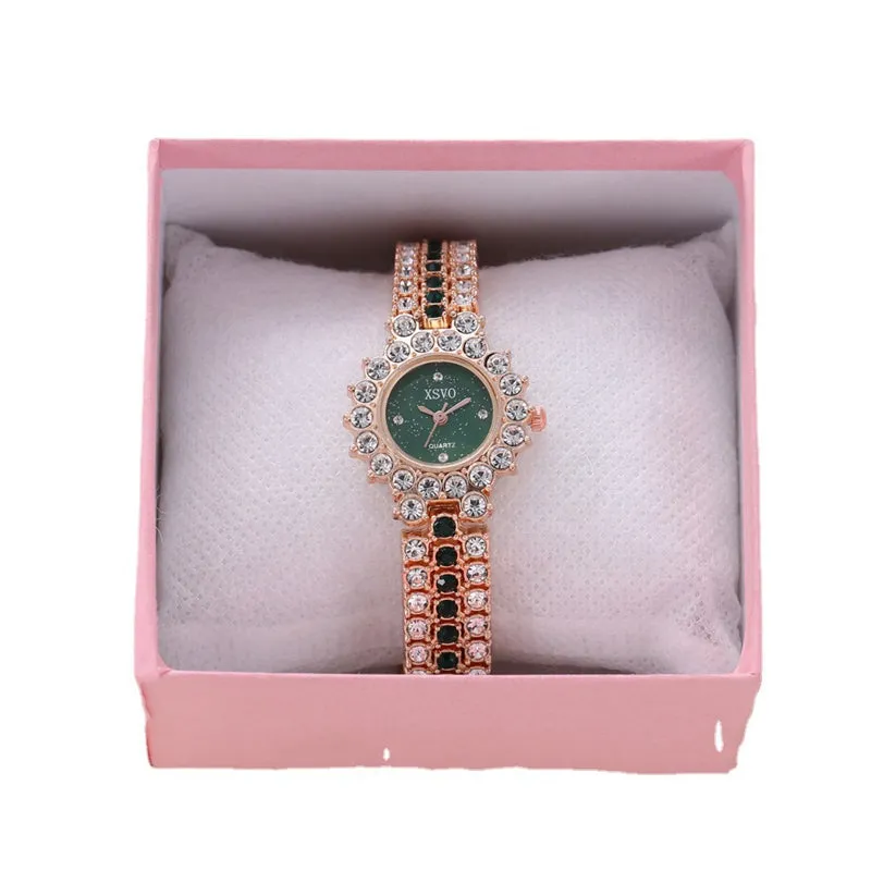 Emerald set sparkling rhinestone watch small and exquisite starry sky dial watch   earring necklace   chain 3pcs/set