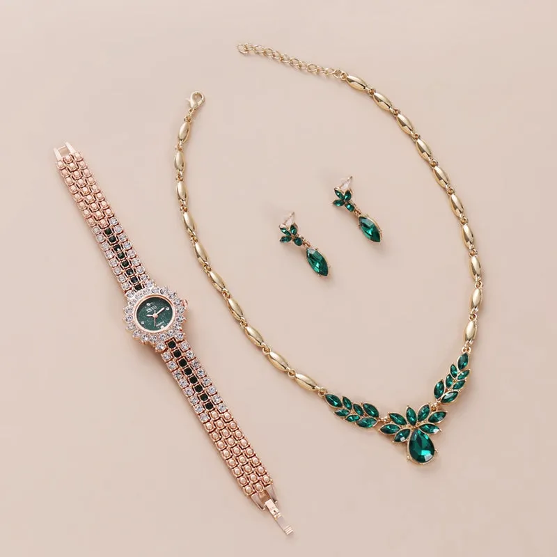 Emerald set sparkling rhinestone watch small and exquisite starry sky dial watch   earring necklace   chain 3pcs/set