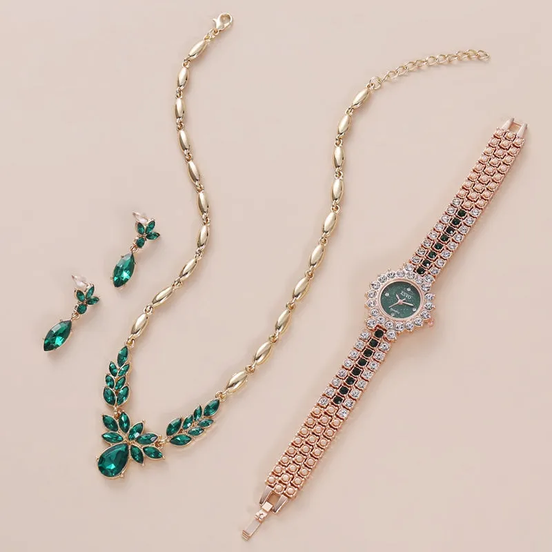 Emerald set sparkling rhinestone watch small and exquisite starry sky dial watch   earring necklace   chain 3pcs/set