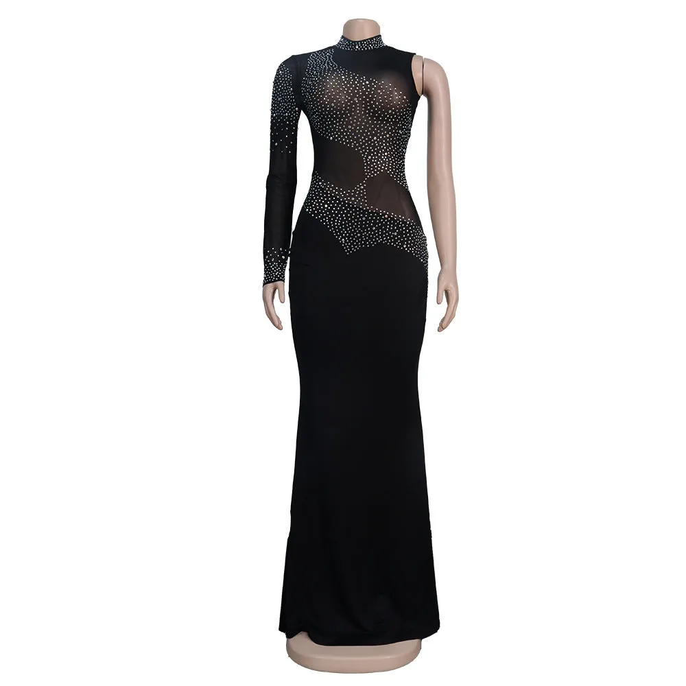 European and American new fashion high-end sparkling hot diamond one-shoulder nightclub style dress elegant temperament mature wind plus size women's