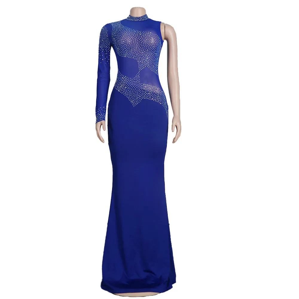 European and American new fashion high-end sparkling hot diamond one-shoulder nightclub style dress elegant temperament mature wind plus size women's
