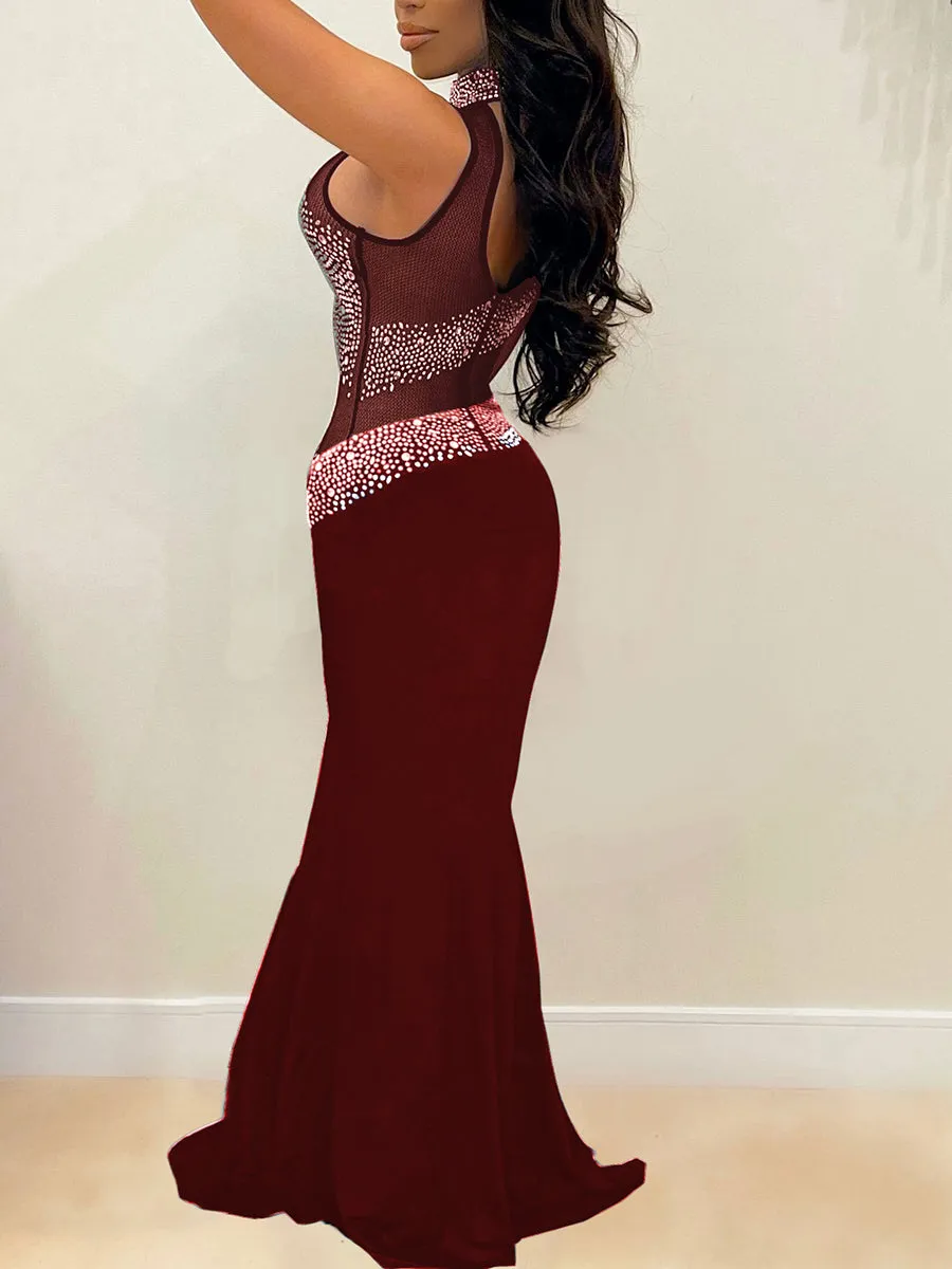 European and American new fashion high-end sparkling hot diamond one-shoulder nightclub style dress elegant temperament mature wind plus size women's
