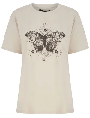 Geo Fly Butterfly Motif Cotton T-Shirt in Stone Marl - Weekend Vibes
