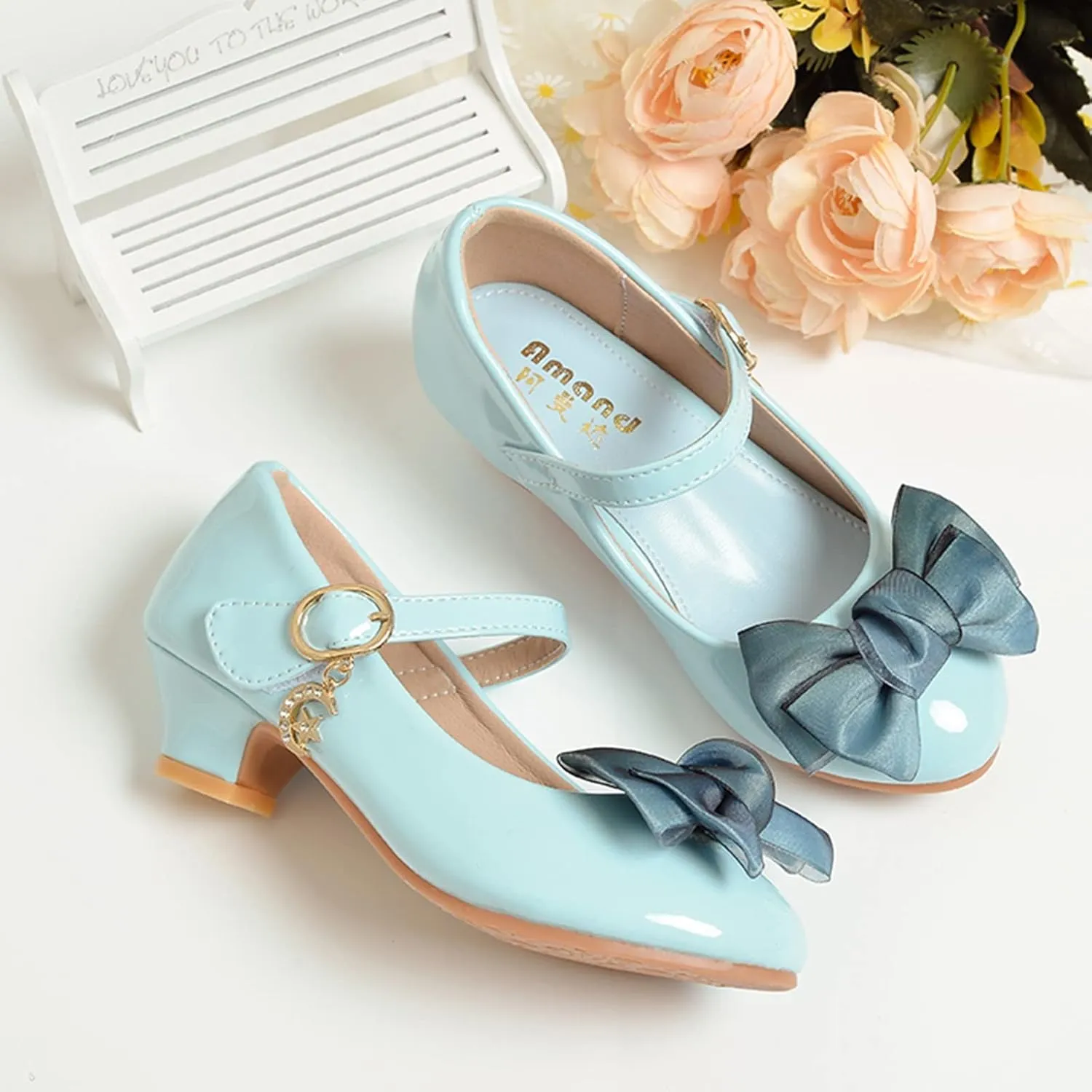 Girls Dress Mary Jane Bow Shoes for Girls with Low Heel Princess Flower Ballet Flat for Wedding School Party