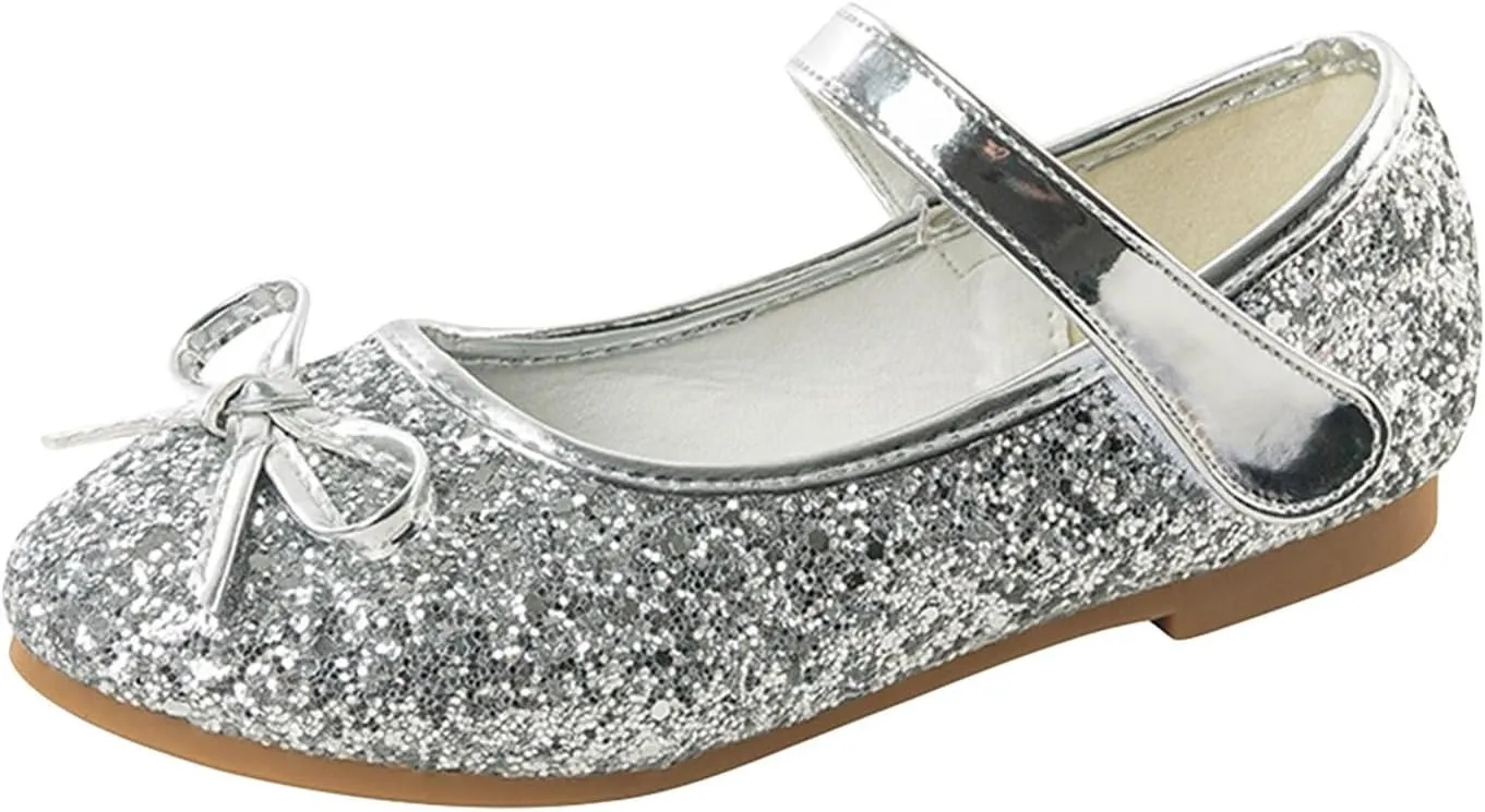 Girls Dress Shoes Princess Glittery Bowknot Low Heel Shoes for Toddler Little Girl Mary Jane Low Heels Footwear