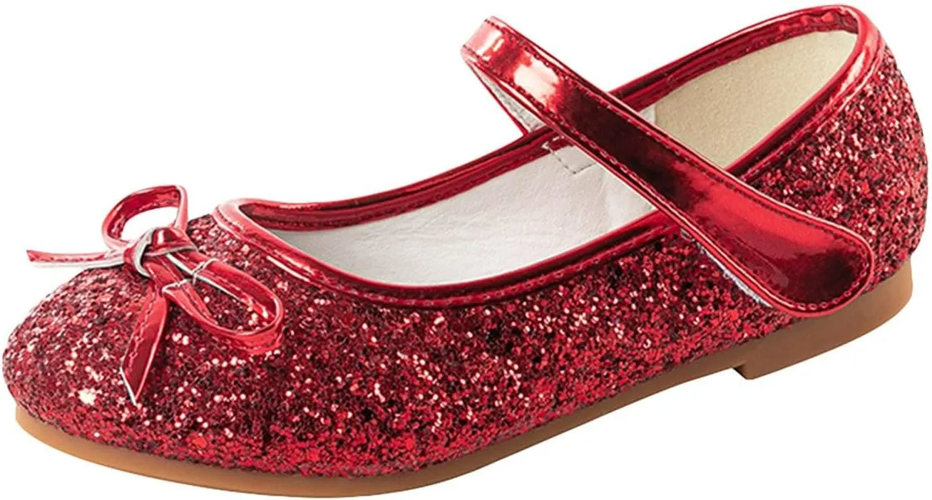 Girls Dress Shoes Princess Glittery Bowknot Low Heel Shoes for Toddler Little Girl Mary Jane Low Heels Footwear
