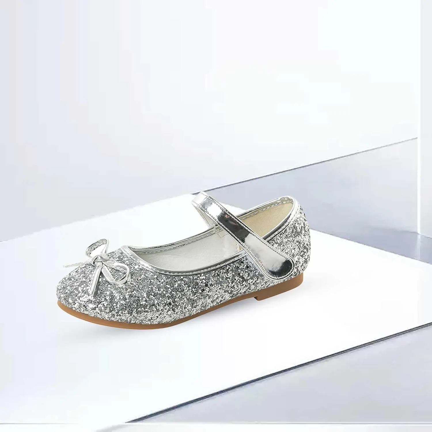 Girls Dress Shoes Princess Glittery Bowknot Low Heel Shoes for Toddler Little Girl Mary Jane Low Heels Footwear