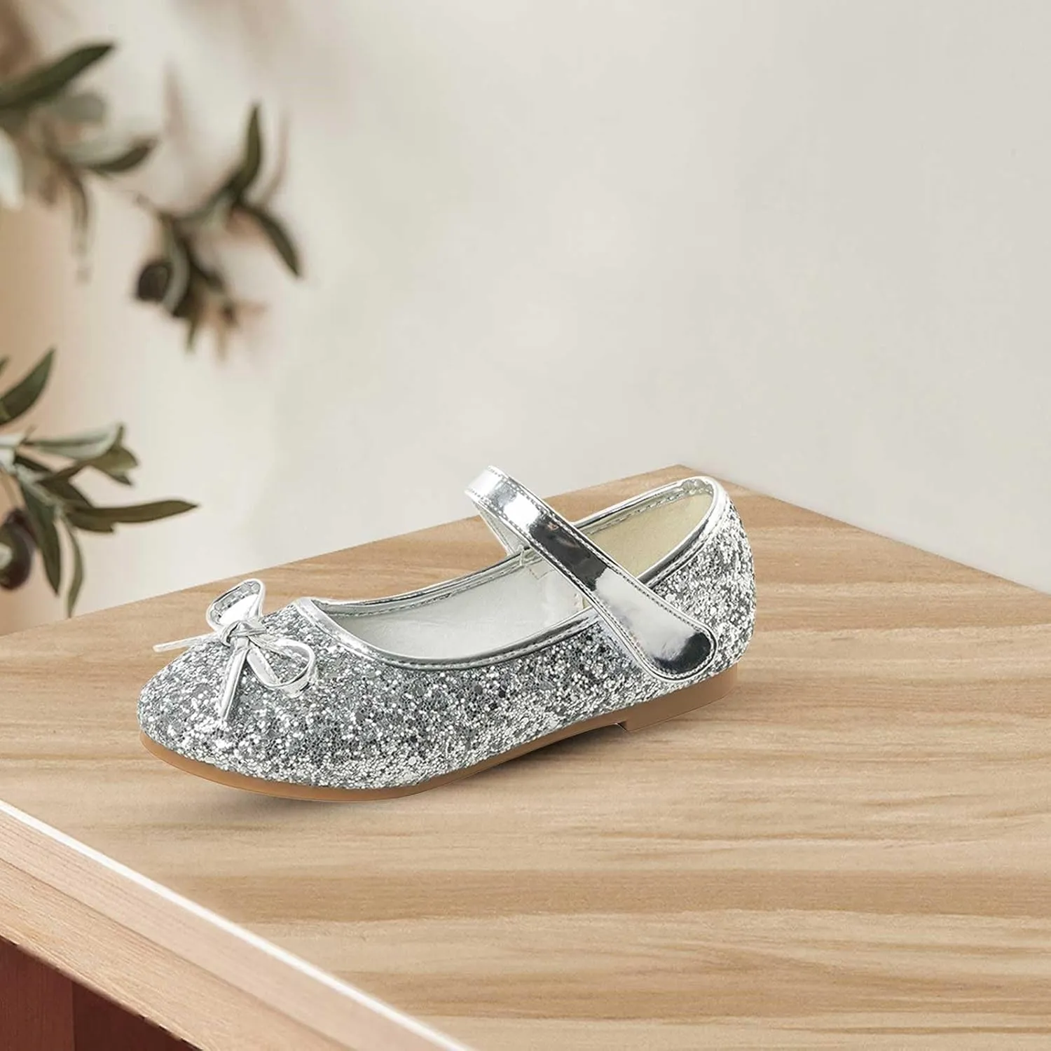 Girls Dress Shoes Princess Glittery Bowknot Low Heel Shoes for Toddler Little Girl Mary Jane Low Heels Footwear