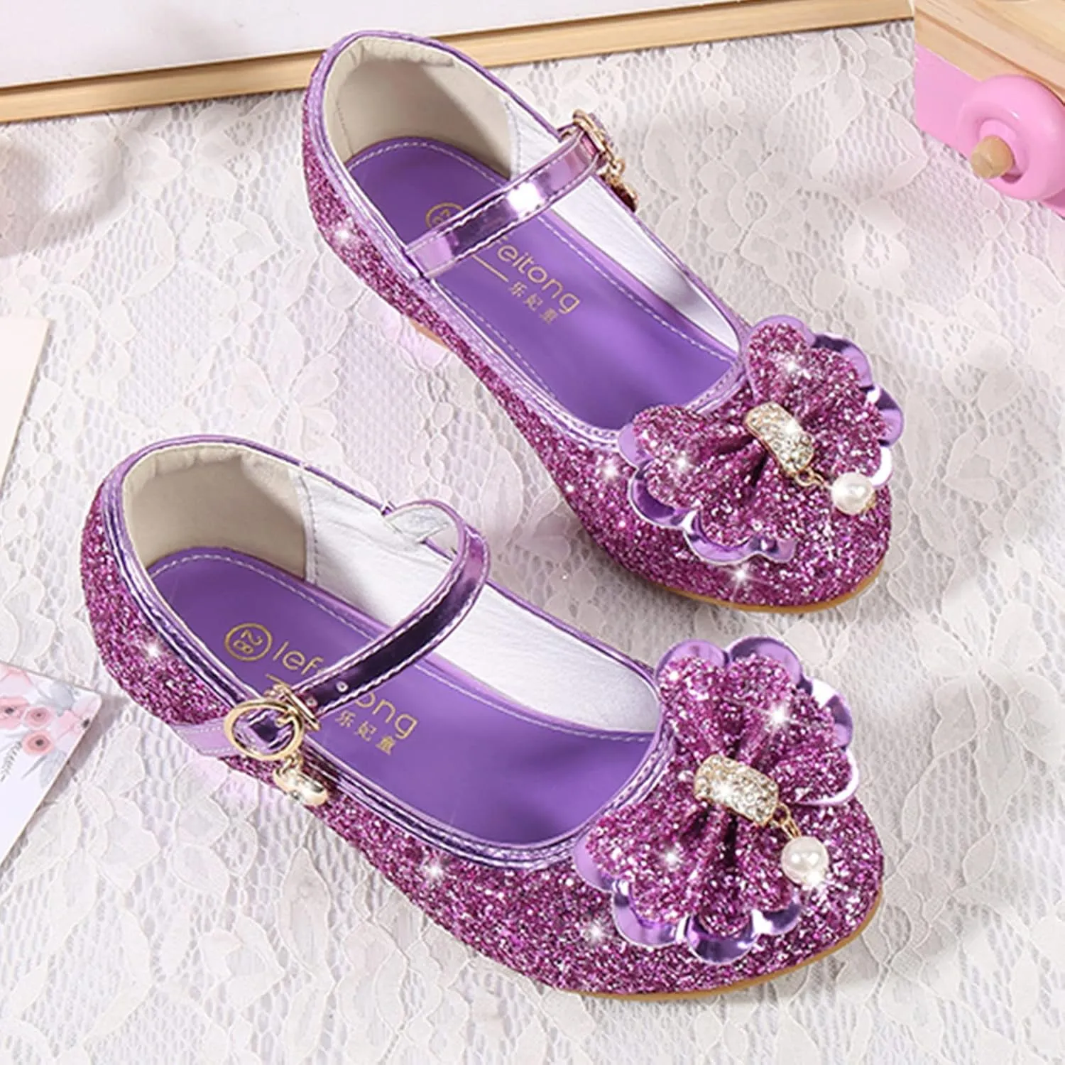 Girls Dress Shoes Wedding Mary Jane Princess Flower Shoes Kids Pumps Glitter Sequins Low Heels Party Dance Shoes
