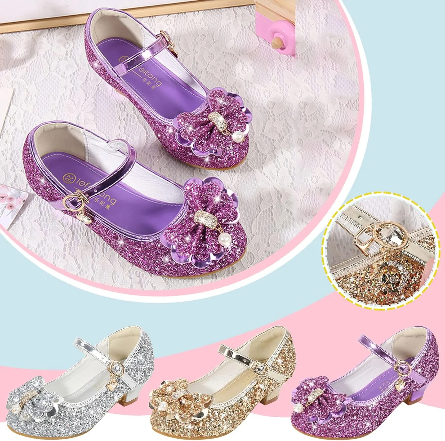 Girls Dress Shoes Wedding Mary Jane Princess Flower Shoes Kids Pumps Glitter Sequins Low Heels Party Dance Shoes