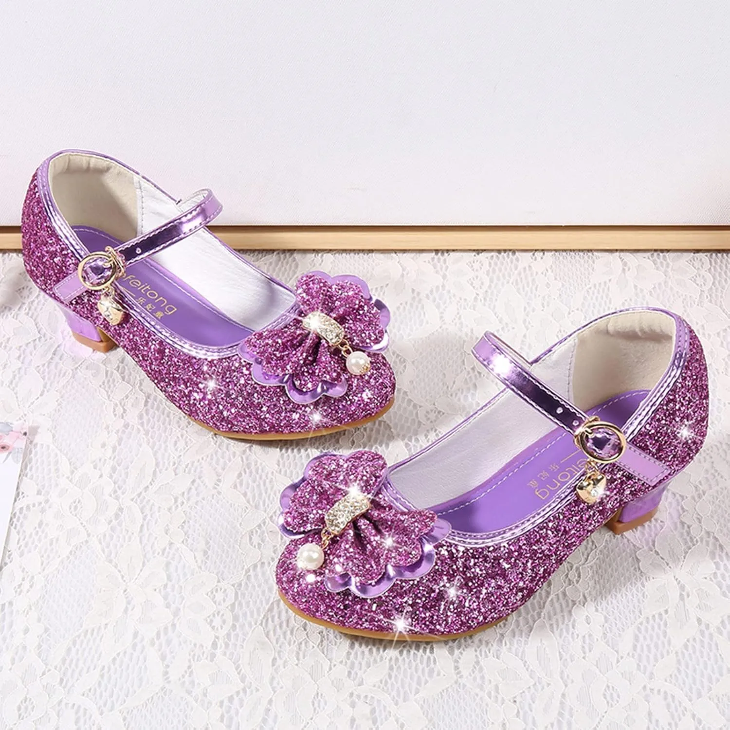 Girls Dress Shoes Wedding Mary Jane Princess Flower Shoes Kids Pumps Glitter Sequins Low Heels Party Dance Shoes