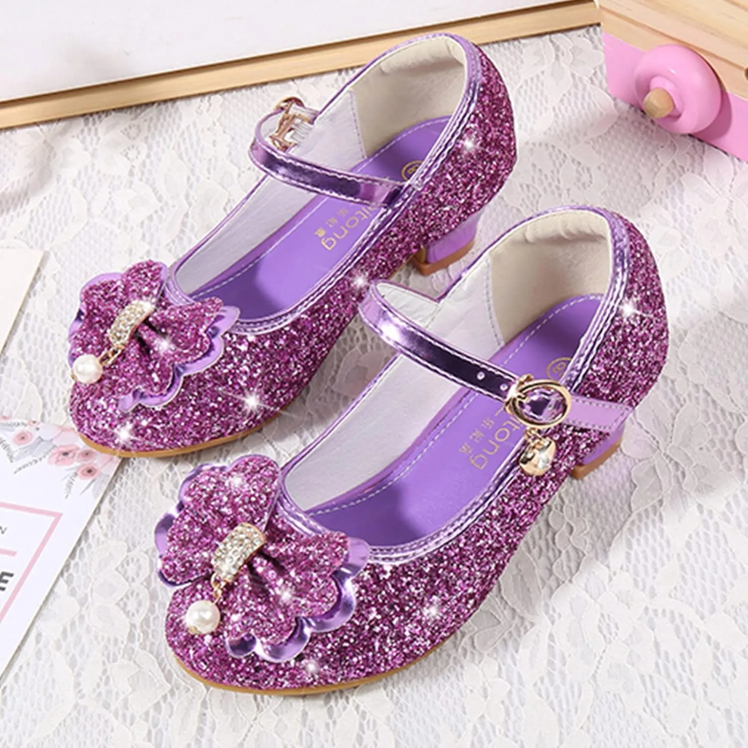 Girls Dress Shoes Wedding Mary Jane Princess Flower Shoes Kids Pumps Glitter Sequins Low Heels Party Dance Shoes