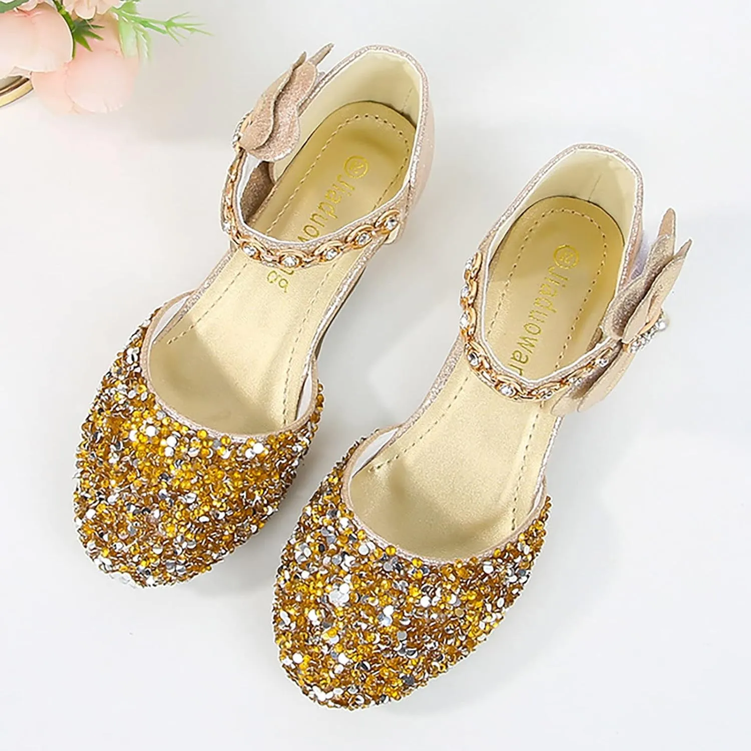 Girls Low Heeled Shoe Dress Shoes Rhinestone Bows Low Heel Princess Flower Wedding Party Shoes for Summer Kids