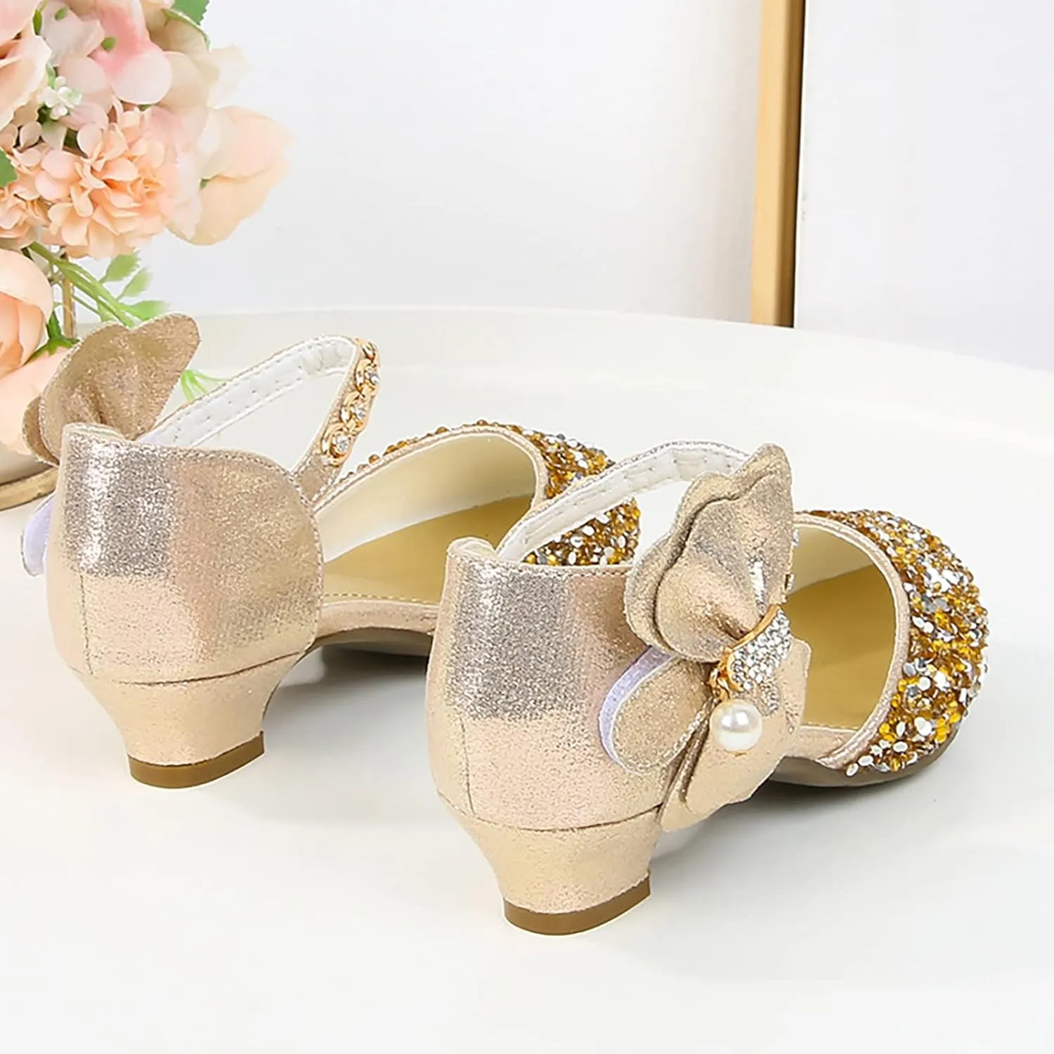 Girls Low Heeled Shoe Dress Shoes Rhinestone Bows Low Heel Princess Flower Wedding Party Shoes for Summer Kids