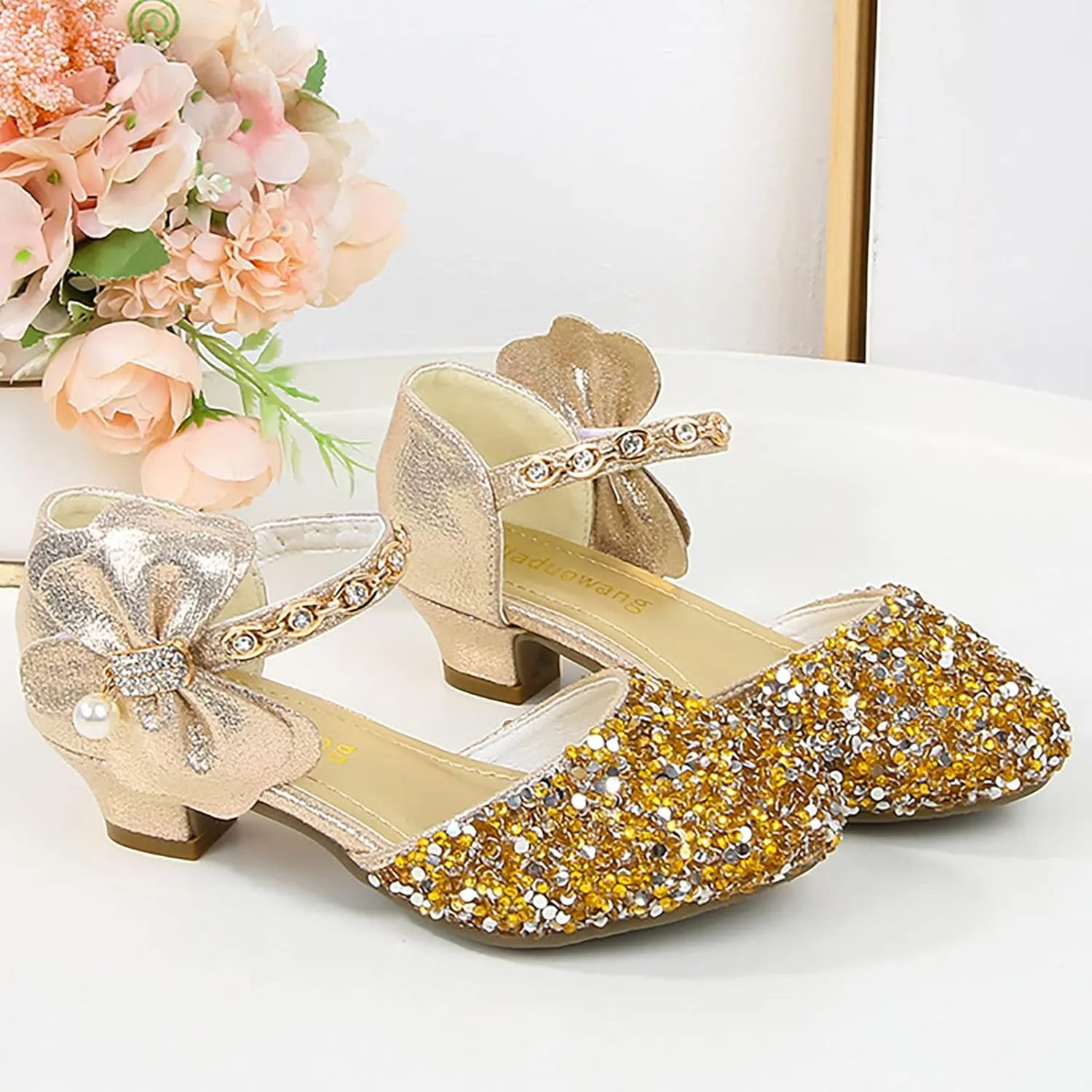Girls Low Heeled Shoe Dress Shoes Rhinestone Bows Low Heel Princess Flower Wedding Party Shoes for Summer Kids