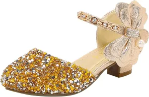 Girls Low Heeled Shoe Dress Shoes Rhinestone Bows Low Heel Princess Flower Wedding Party Shoes for Summer Kids