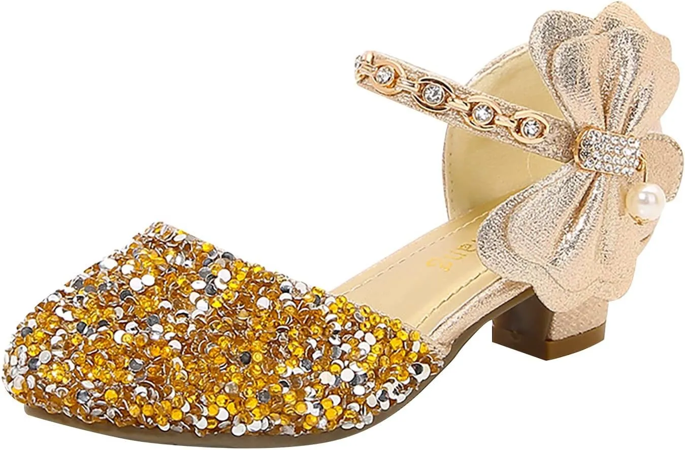 Girls Low Heeled Shoe Dress Shoes Rhinestone Bows Low Heel Princess Flower Wedding Party Shoes for Summer Kids
