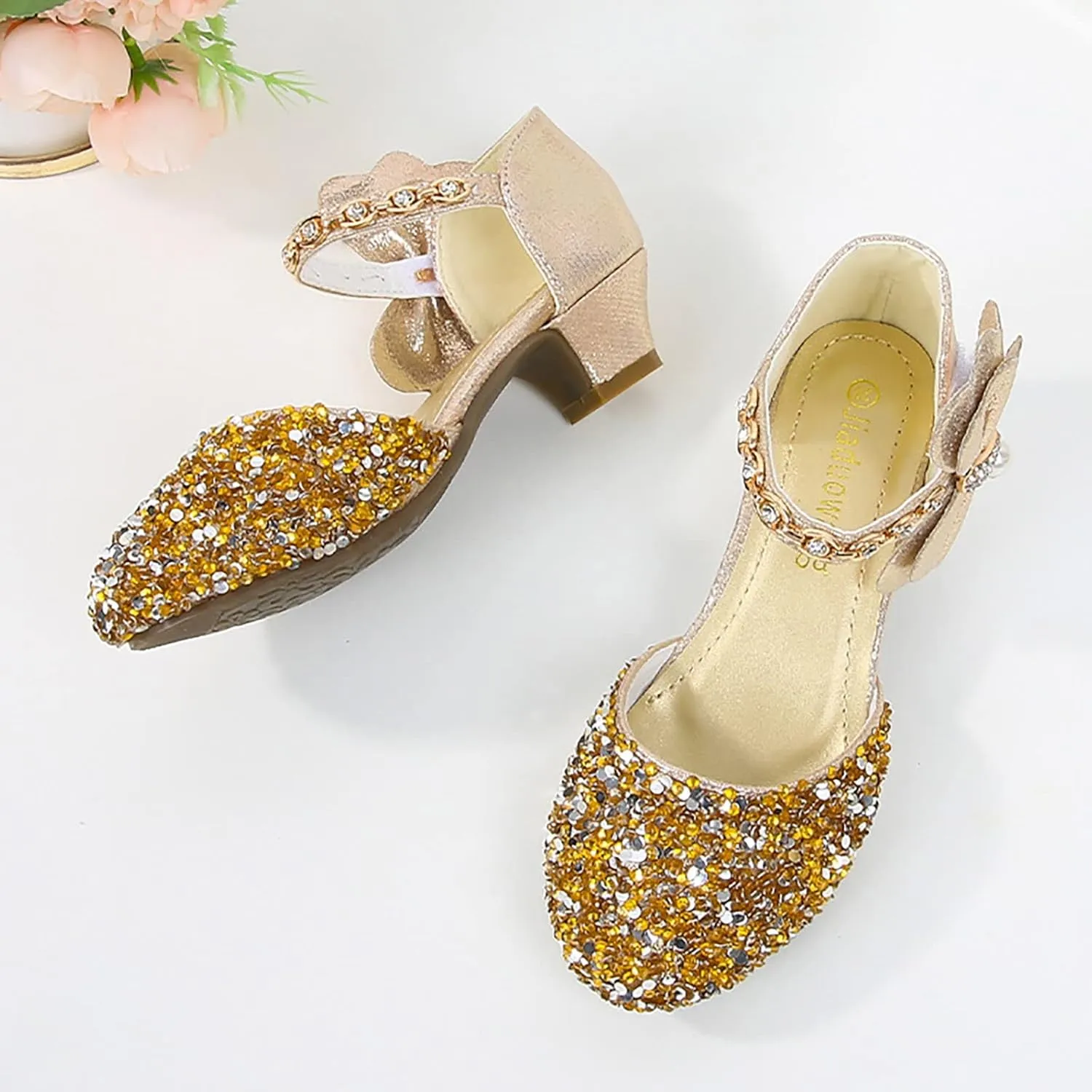 Girls Low Heeled Shoe Dress Shoes Rhinestone Bows Low Heel Princess Flower Wedding Party Shoes for Summer Kids