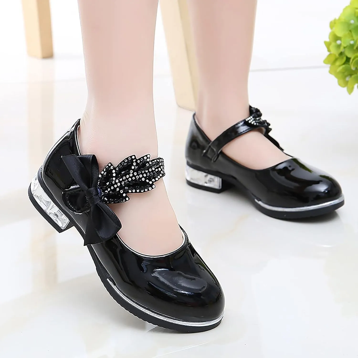 Girls Mary Jane Low Heel Princess Flower Wedding Party Pump Dress Shoes Soft PU Leather Bowknot School Shoes