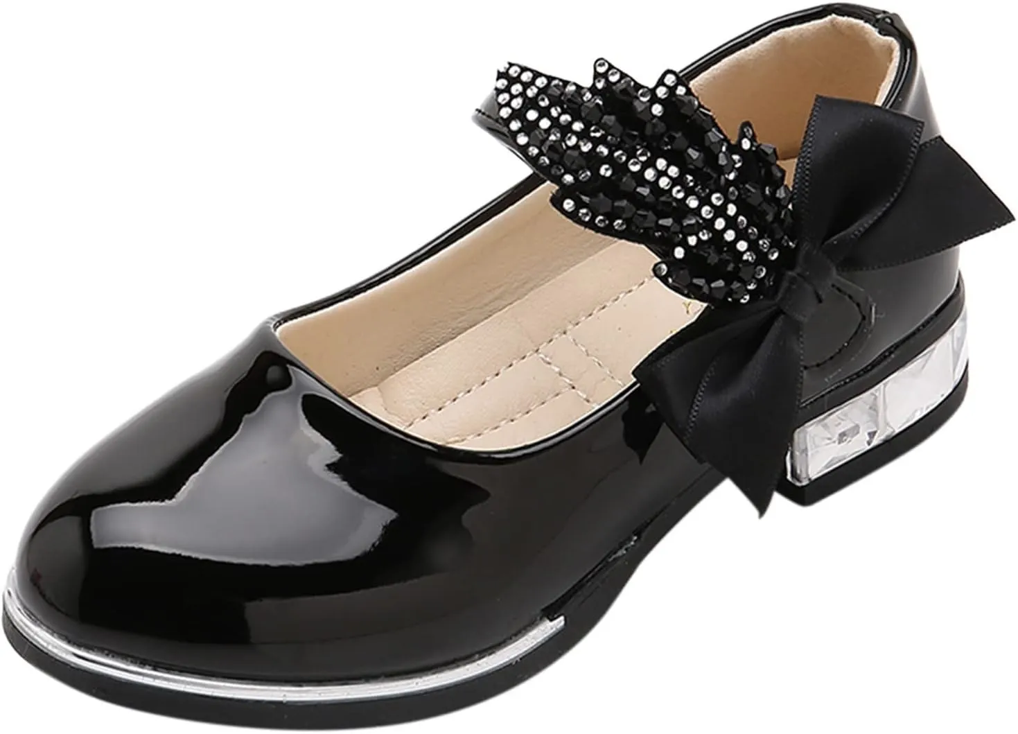 Girls Mary Jane Low Heel Princess Flower Wedding Party Pump Dress Shoes Soft PU Leather Bowknot School Shoes