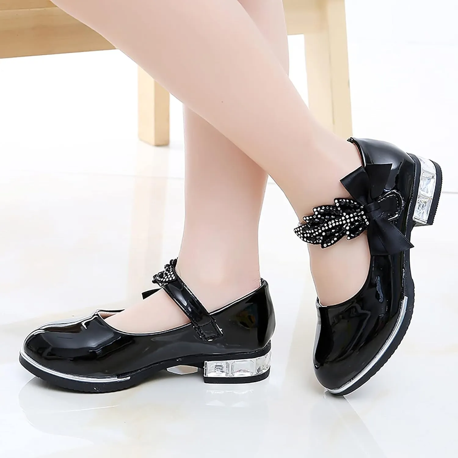 Girls Mary Jane Low Heel Princess Flower Wedding Party Pump Dress Shoes Soft PU Leather Bowknot School Shoes