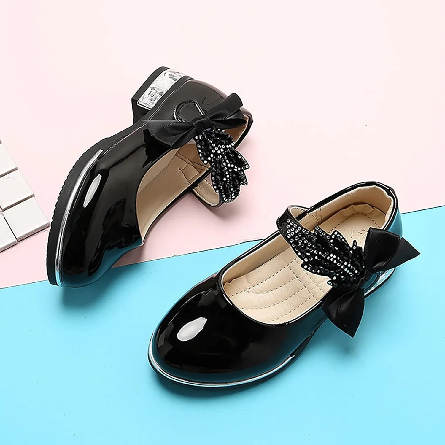 Girls Mary Jane Low Heel Princess Flower Wedding Party Pump Dress Shoes Soft PU Leather Bowknot School Shoes