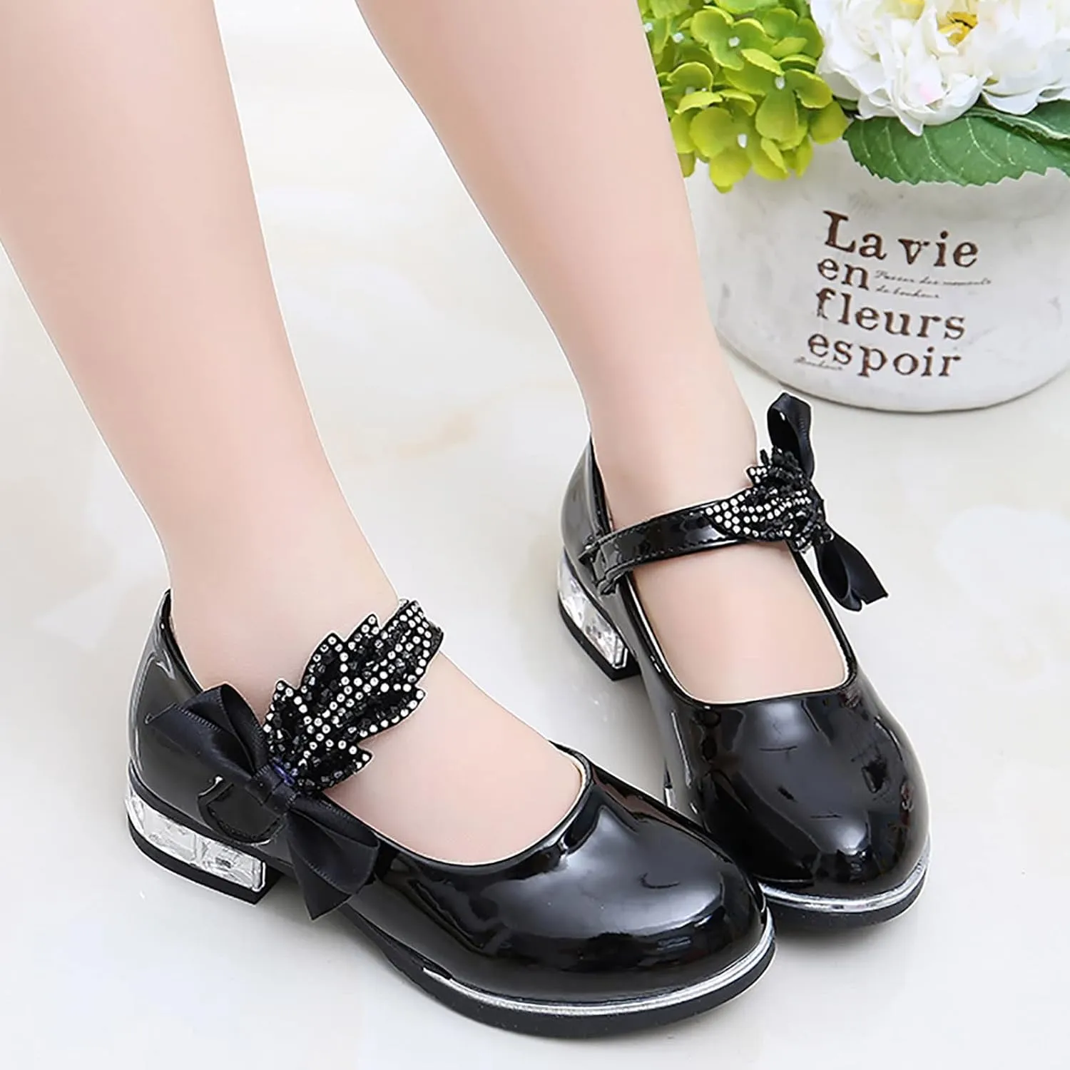 Girls Mary Jane Low Heel Princess Flower Wedding Party Pump Dress Shoes Soft PU Leather Bowknot School Shoes