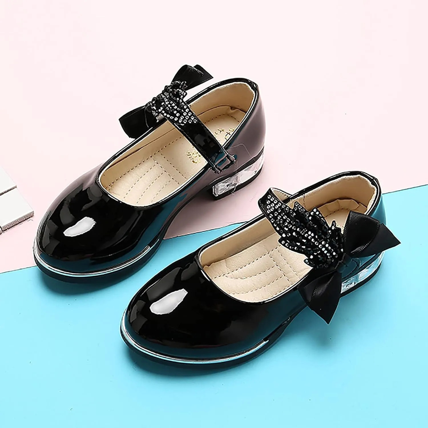 Girls Mary Jane Low Heel Princess Flower Wedding Party Pump Dress Shoes Soft PU Leather Bowknot School Shoes