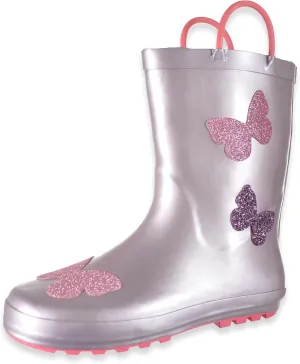 Girls Rain Boots for Big Kids - Waterproof Rubber Rainboots with Easy-On Handles (Pink Butterflies, Size 1)