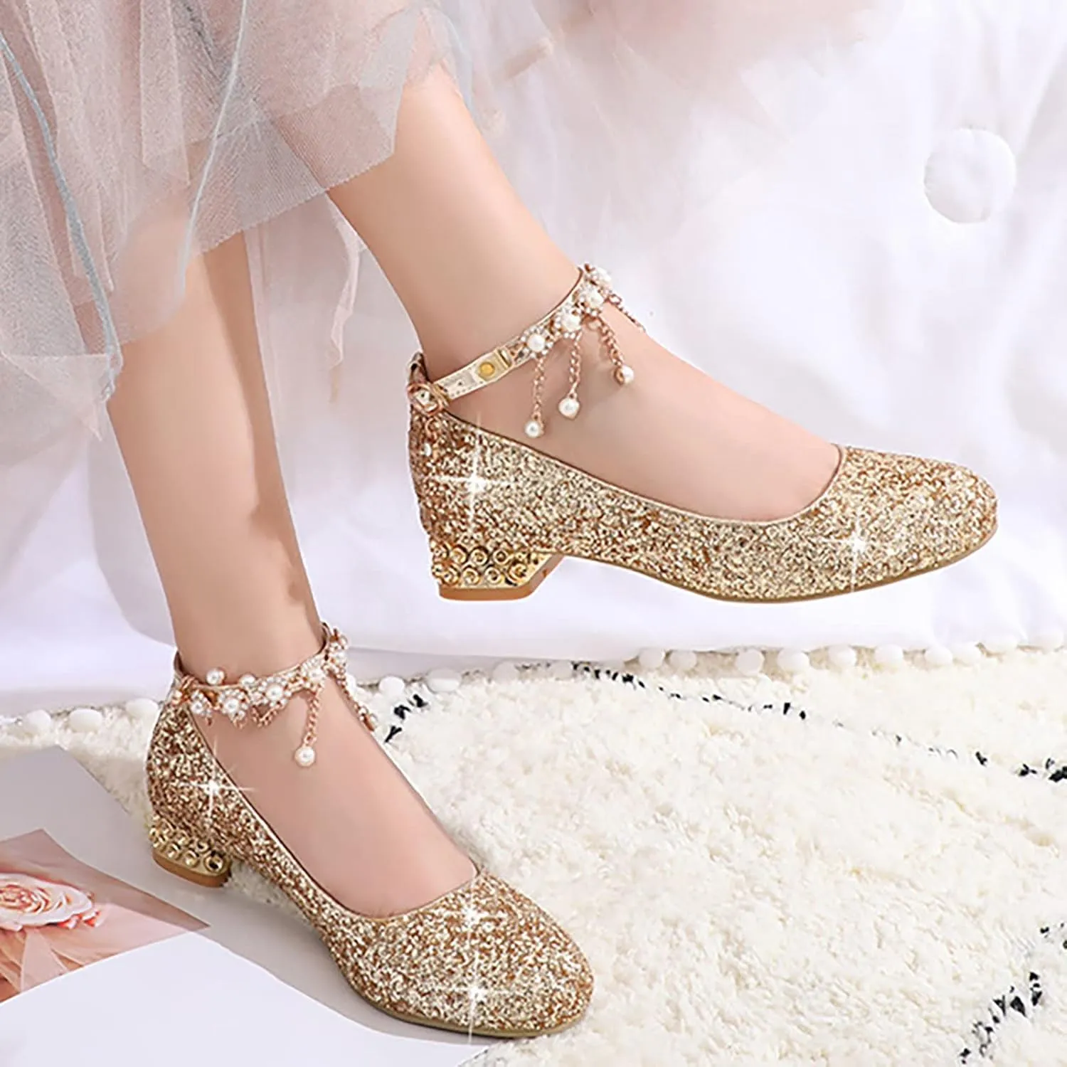 Girls Sparkly Mary Jane Low Heel Dress Shoes Bridesmaids Princess Glitter Shiny Closed Toe Wedding Pary Shoes