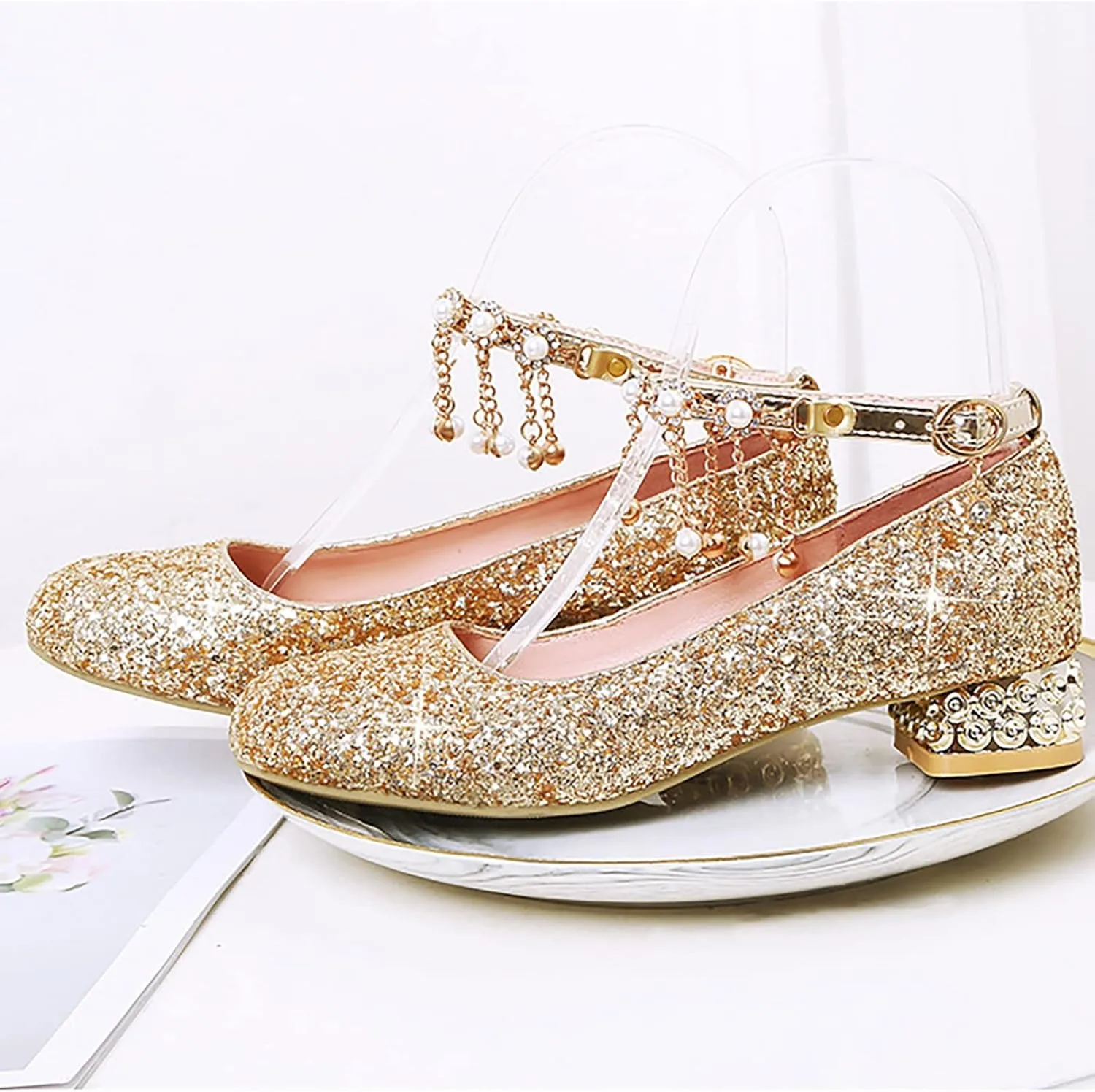 Girls Sparkly Mary Jane Low Heel Dress Shoes Bridesmaids Princess Glitter Shiny Closed Toe Wedding Pary Shoes