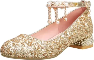 Girls Sparkly Mary Jane Low Heel Dress Shoes Bridesmaids Princess Glitter Shiny Closed Toe Wedding Pary Shoes