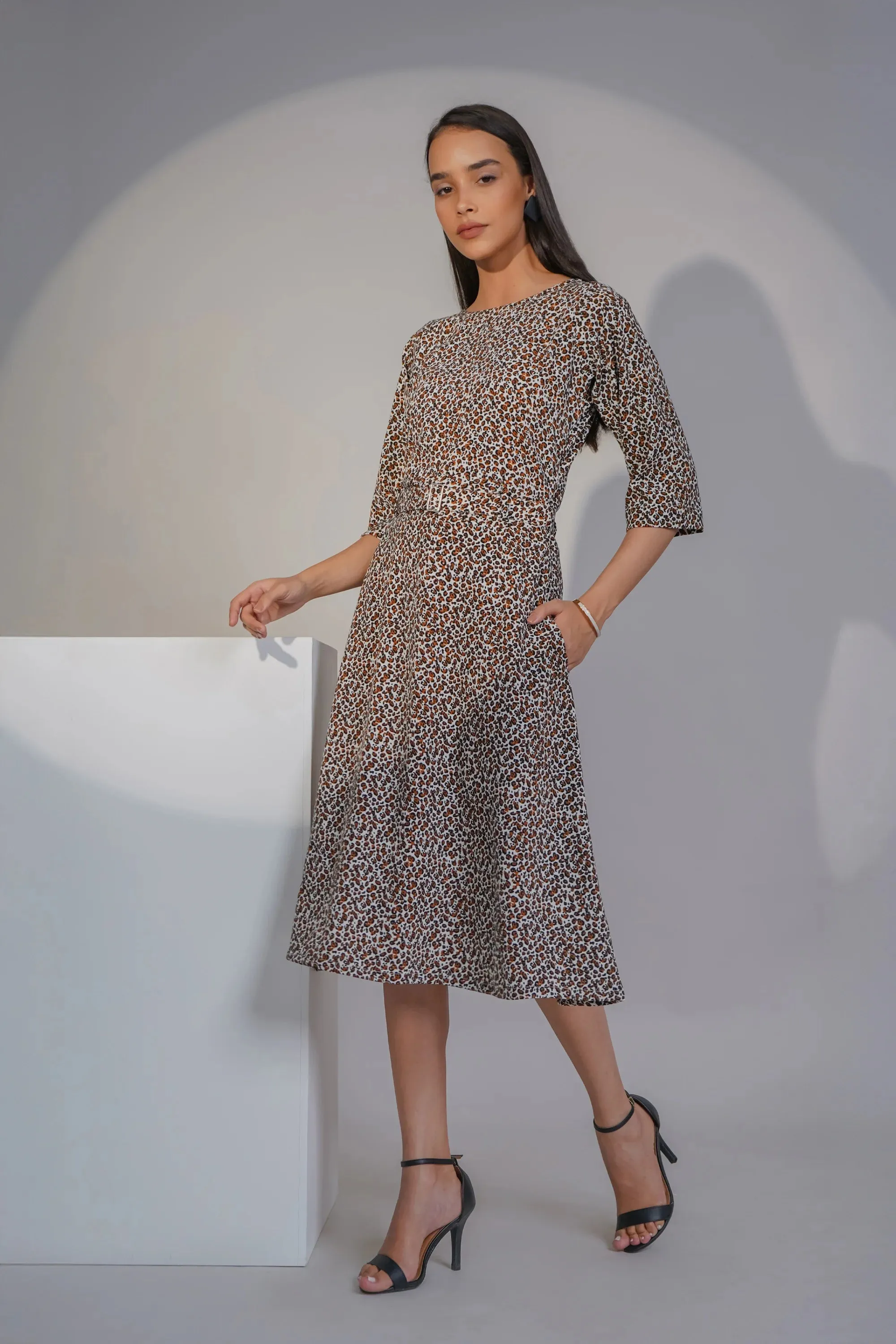 Graceful Drapes Midi Dress, Leopard Print