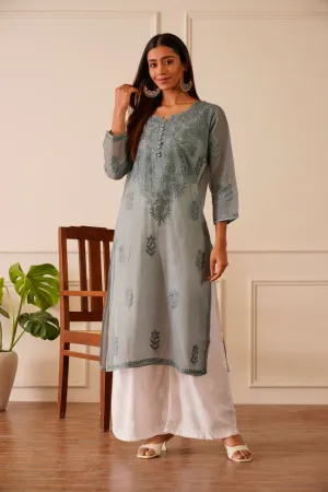 Graceful Grey Kota Doria Straight Kurta
