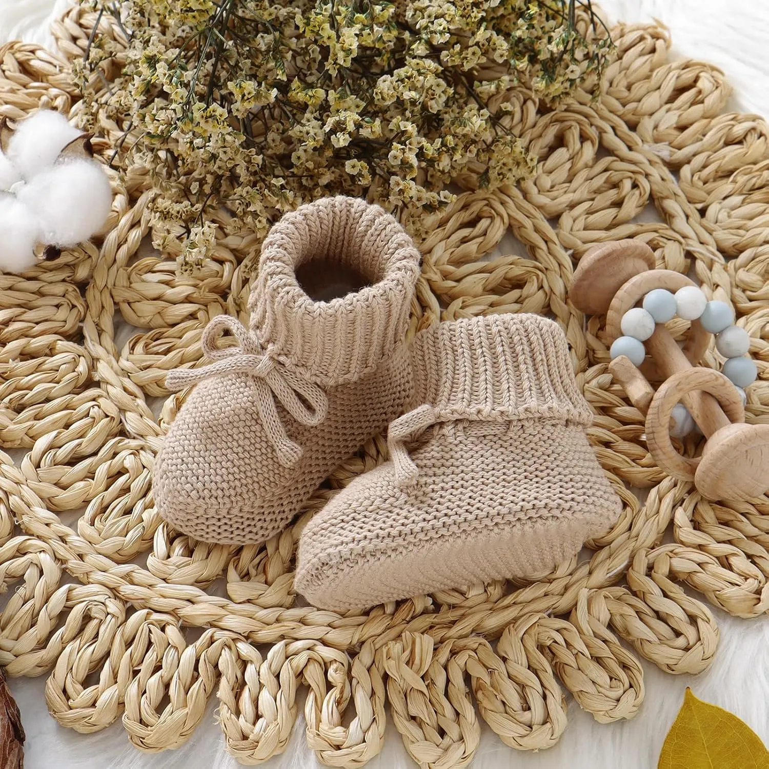 Hadetoto Baby Booties Newborn First Walkers Cozy Shoes Warm Knit Soft Booties for Toddler Infant Boy Girl