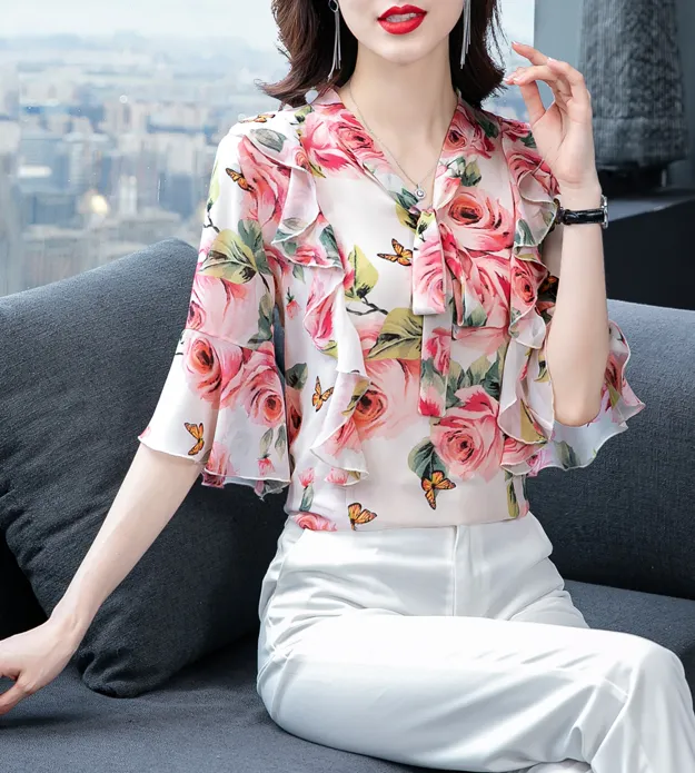 High-end Floral Chiffon Shirt Summer Dress New Fashion Temperament Trumpet Sleeve Small Shirt Super  Top Ladies Casual
