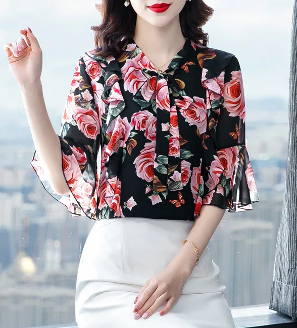 High-end Floral Chiffon Shirt Summer Dress New Fashion Temperament Trumpet Sleeve Small Shirt Super  Top Ladies Casual