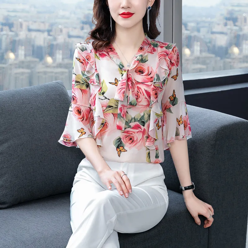 High-end Floral Chiffon Shirt Summer Dress New Fashion Temperament Trumpet Sleeve Small Shirt Super  Top Ladies Casual