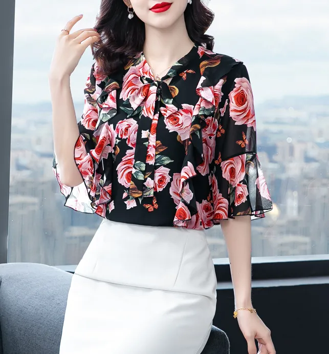 High-end Floral Chiffon Shirt Summer Dress New Fashion Temperament Trumpet Sleeve Small Shirt Super  Top Ladies Casual