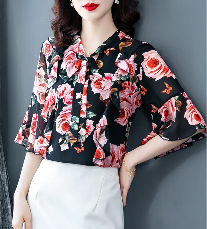 High-end Floral Chiffon Shirt Summer Dress New Fashion Temperament Trumpet Sleeve Small Shirt Super  Top Ladies Casual