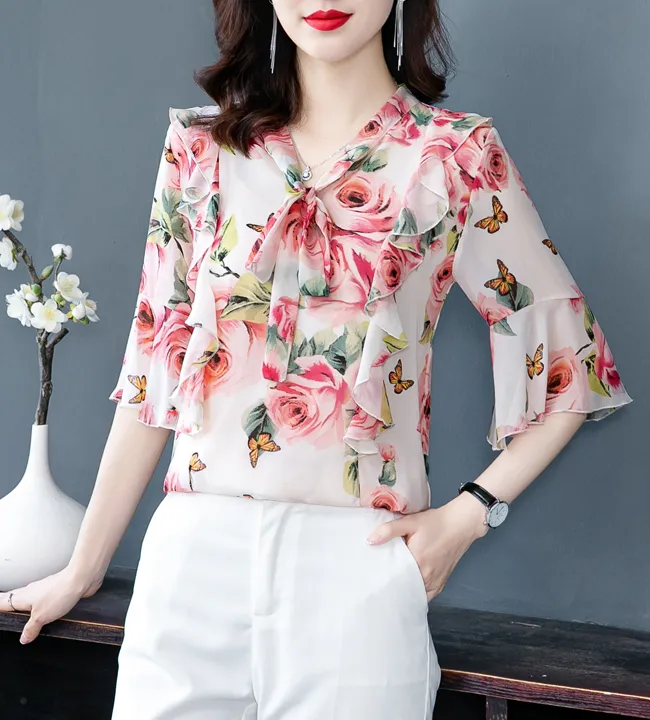 High-end Floral Chiffon Shirt Summer Dress New Fashion Temperament Trumpet Sleeve Small Shirt Super  Top Ladies Casual
