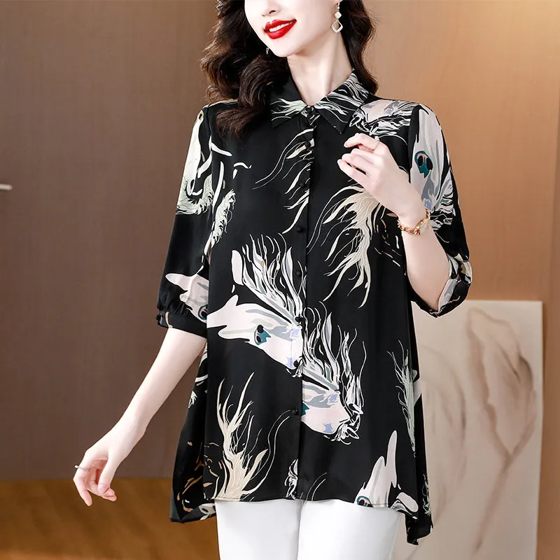 High-end printed shirt temperament short-sleeved shirt foreign style fashion mid-length top ladies
