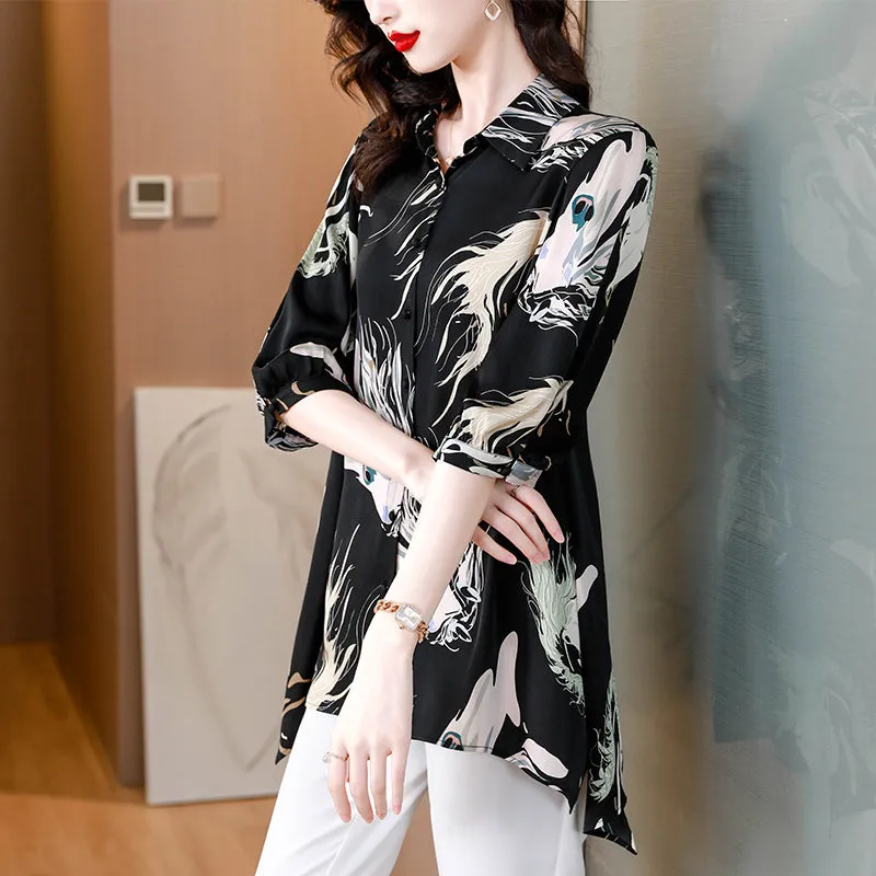 High-end printed shirt temperament short-sleeved shirt foreign style fashion mid-length top ladies