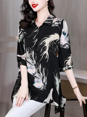 High-end printed shirt temperament short-sleeved shirt foreign style fashion mid-length top ladies