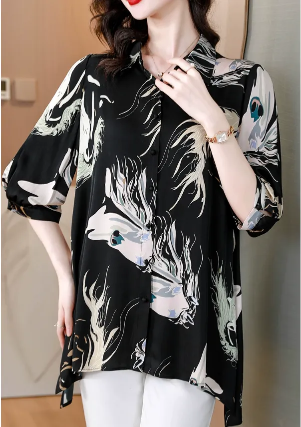 High-end printed shirt temperament short-sleeved shirt foreign style fashion mid-length top ladies