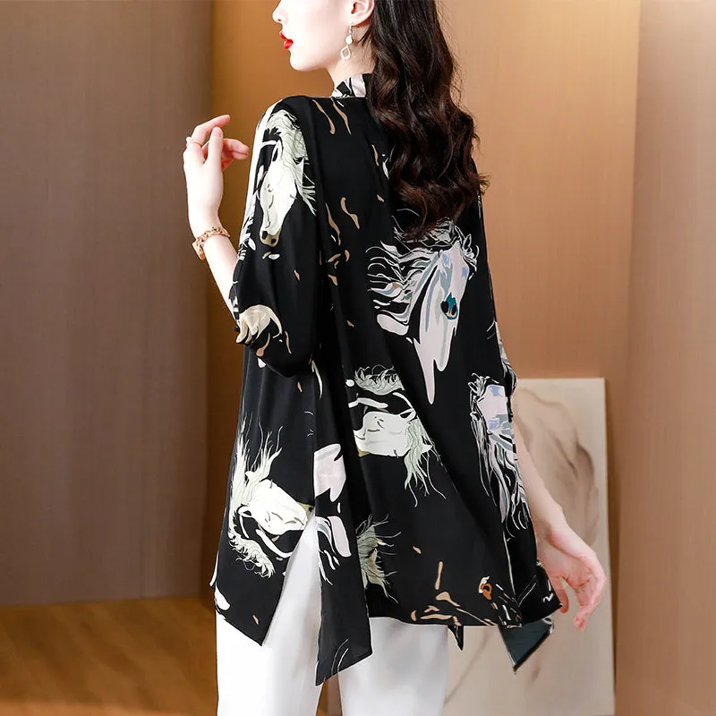 High-end printed shirt temperament short-sleeved shirt foreign style fashion mid-length top ladies