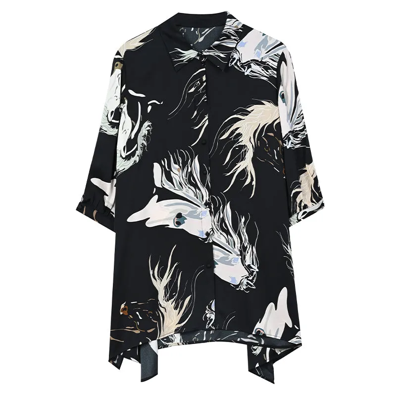High-end printed shirt temperament short-sleeved shirt foreign style fashion mid-length top ladies