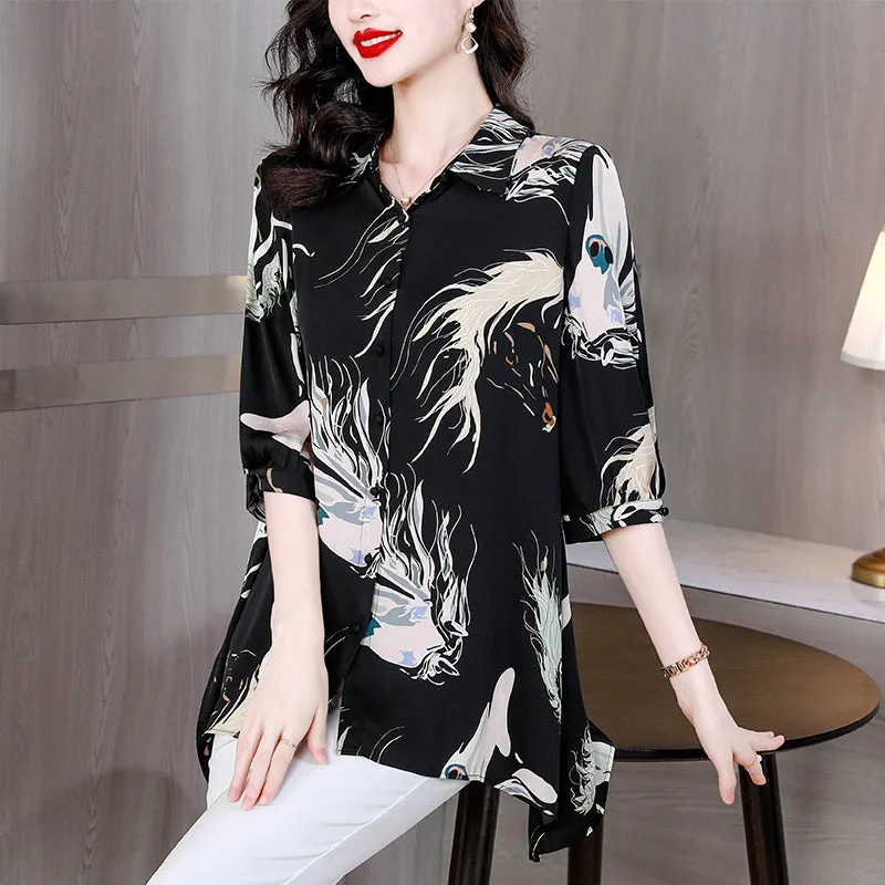 High-end printed shirt temperament short-sleeved shirt foreign style fashion mid-length top ladies